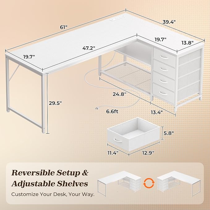 61" L Shaped Desk with Power Outlets & 4 Drawers | Reversible Computer Desk with 2 Storage Shelves, Large Corner Office Desk for Gaming Writing Work Study, White