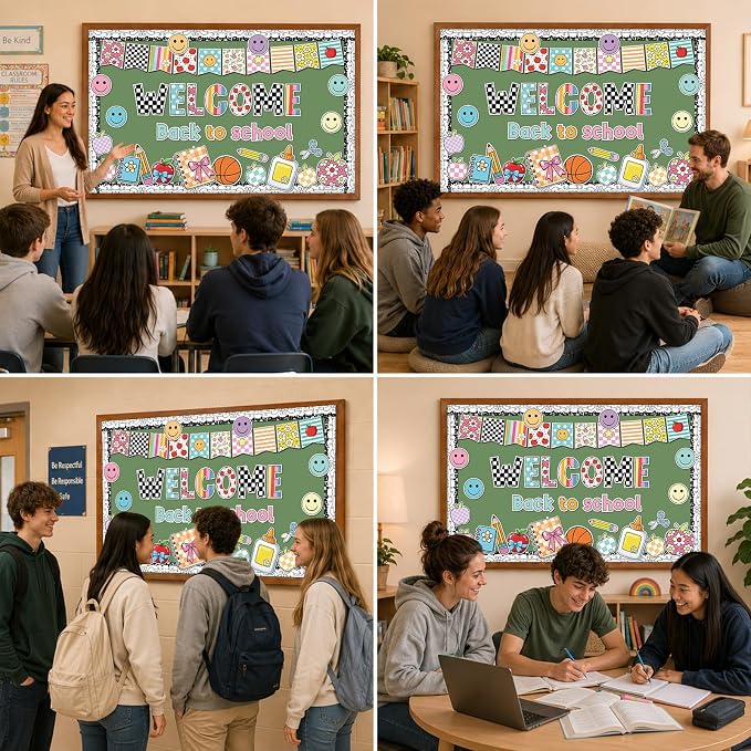 Welcome Back to School Bulletin Board Set Groovy Hippie Classroom Decor Motivational Pencil Notebook Paper Cutouts for First Day of School Elementary Middle Classroom Wall Door Teacher Supplies