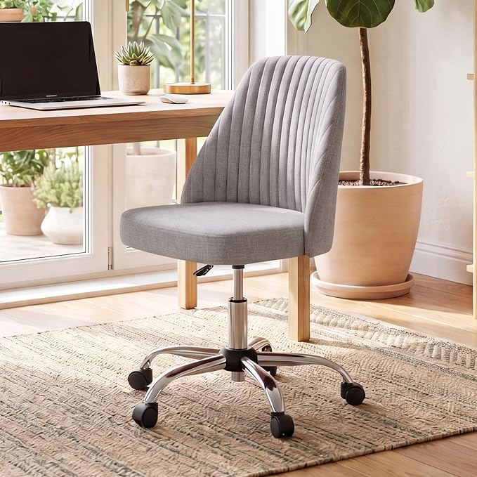 DUMOS Home Office Chair, Comfy Desk Chair with Rolling Wheels | Armless Height Adjustable, Wide Seating, Vanity Swivel Task, Bedroom Student Adults, Classic Grey