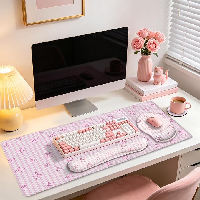 LIMKRIAN Pink Striped Mouse Pad Desk Mat Set, Cute Back to School Supplies | Ergonomic Wrist Rest Mouse Pad, Wrist Support Keyboard Mat, Coaster, Mousepad for Computer Office Desk Decor Accessories