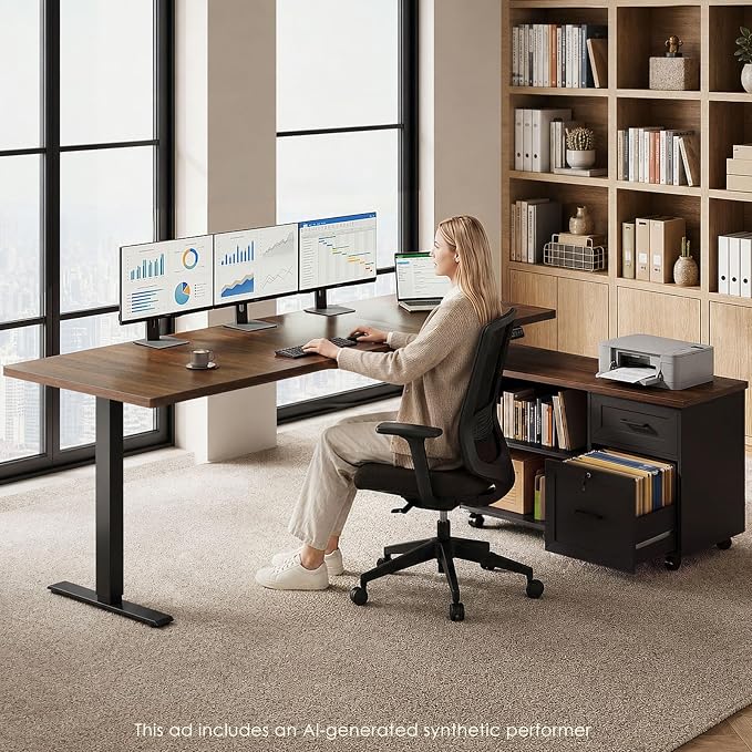 71" L Shaped Electric Standing Desk with Cabinet Sets, Walnut/Black | Mobile Drawers & File Cabinet Sets for Flexible Layout, Height Adjustable Executive Stand Up Desk for Home Office Workstation