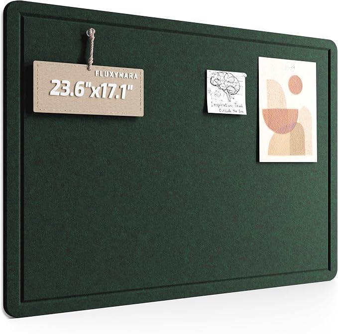 Fluxynara 23.6" x 17.1" Bulletin Board, Pine Green | Cork Board Alternative with 12 Removable Adhesive Tabs, Foldable Felt Pin Board for Home, Office, Classroom & Dorm