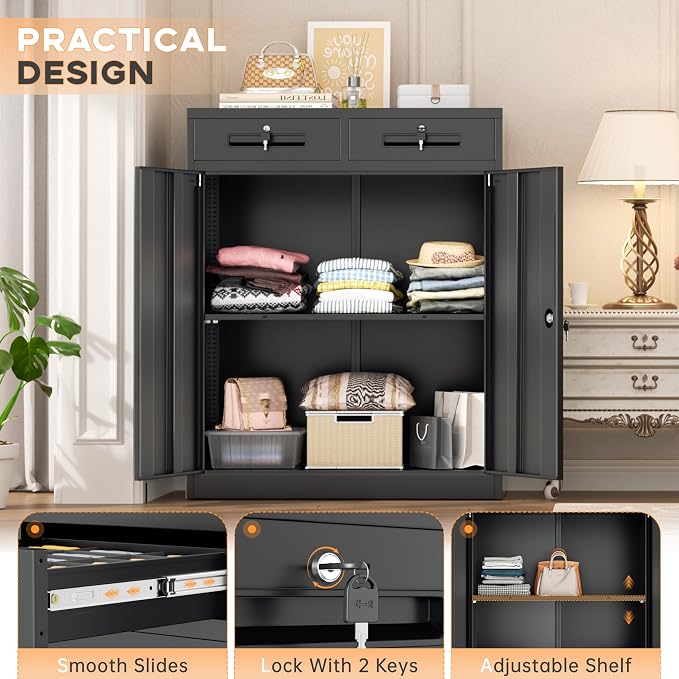 Metal Garage Storage Cabinets with Lock,Steel Storage Cabinet with Drawer and 2 Adjustable Shelves, Small Lockable Office Steel Cabinet for Home, Warehouse, School, Black