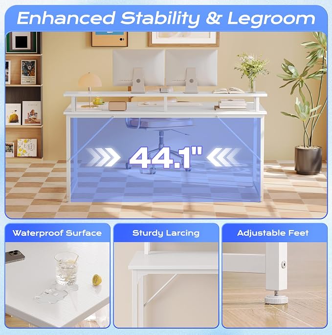 48 inch Gaming Desk, LED & Power Outlets, Monitor Stand, White | Sturdy PC Desk for Home Office, Study & Work, LED Lights, 4 AC Outlets & USB-C Charging Station