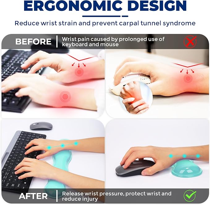 Gel Wrist Rest for Keyboard and Mouse, Wrist Rest for Keyboard, Mouse Wrist Support, Pain Relief, Cool Touch, Non-Skid, Mouse Wrist pad