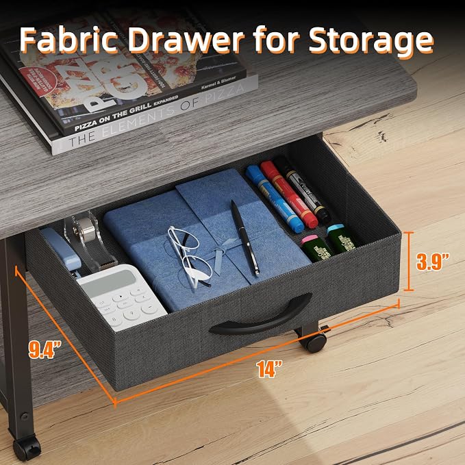 YAOHUOO 22"x15" Large Printer Stand with Drawer, 2-Tier Rolling Table Cart | Under Desk Printer Table,Storage Fabric Drawer,Fit printer/fax/3d/scanner,4 Lock Wheels or Feet,For Home Office Dorms,Gray