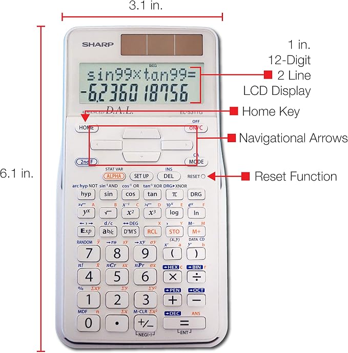 Sharp EL-531TGBDW 12-Digit Engineering/Scientific Calculator with Protective Hard Cover, Battery and Solar Hybrid Powered LCD Display, Great for Students and Professionals, Silver