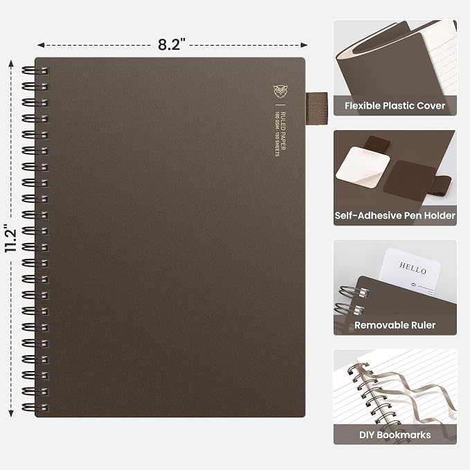 EMSHOI Lined Spiral Journal Notebook, 300 Pages, A4 Size (8.2'' x 11.2'') | College Ruled, 100 GSM Perforated Thick Paper, Flexible Plastic Cover, for School, Writing, Work & Journaling (Coffee)
