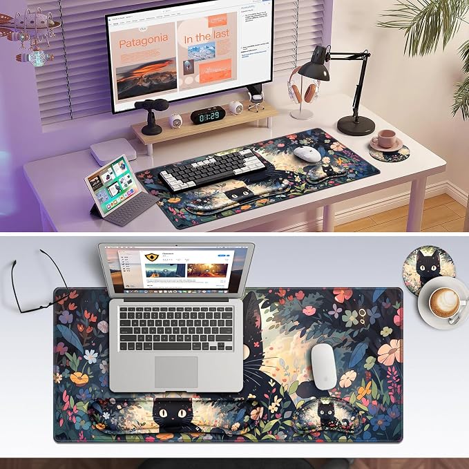 Canjoy Desk Mat with Wrist Rest, Desk Pad for Keyboard and Mouse 4-in-1 Kawaii Anime Mouse Pad + Keyboard Wrist Rest Support+ Coaster(35.4×15.7 in) Memory Foam Non-Slip Desk Mat for Home Office