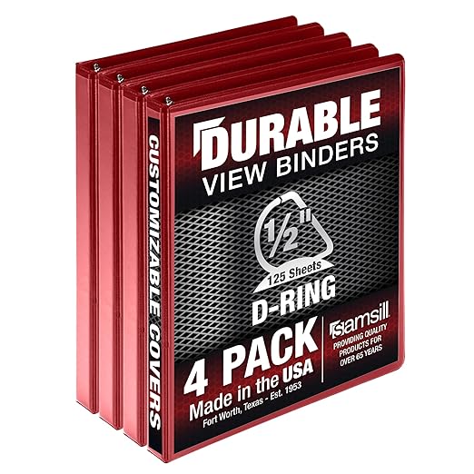 Samsill Durable 0.5 Inch Binder, D Ring Binder, 100% Recycled Chipboard, Red, 4 Pack