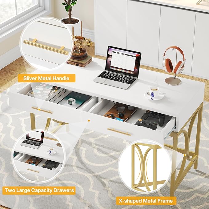Tribesigns Modern Computer Desk with 2 Drawers Set of 2, 41 Inches Study Writing Office Desk for Home Office, Bedroom, Makeup Vanity Table Desk with Gold Metal Frame, White & Gold