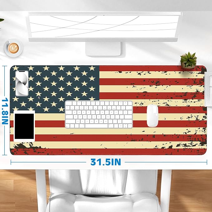 Gaming Desk Mat with Silky Smooth Surface & Exquisite Patterns,31.5x11.8 Inches Large-Sized Mouse Pad, Perfect for Extended Gaming,Work,and Home Office Decor (American Flag 2)