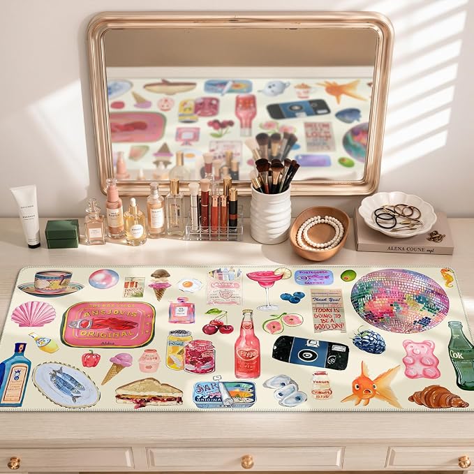 iCasso Cute Desk Mat, Large Mouse Pad, 35.4x15.7in, Watercolor Stickers