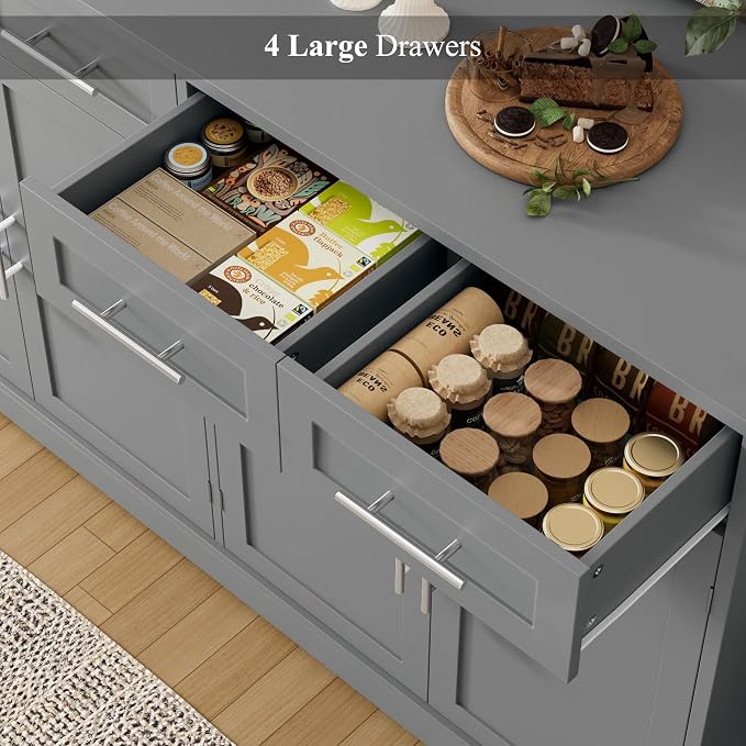 HOSTACK 60" W Sideboard Buffet Cabinet with Storage, Kitchen Cabinet, Gray | 36" Tall Kitchen Buffet Storage Cabinet with 4 Drawers, Large Coffee Bar Cabinet, Modern Buffet Table for Dining Living Room