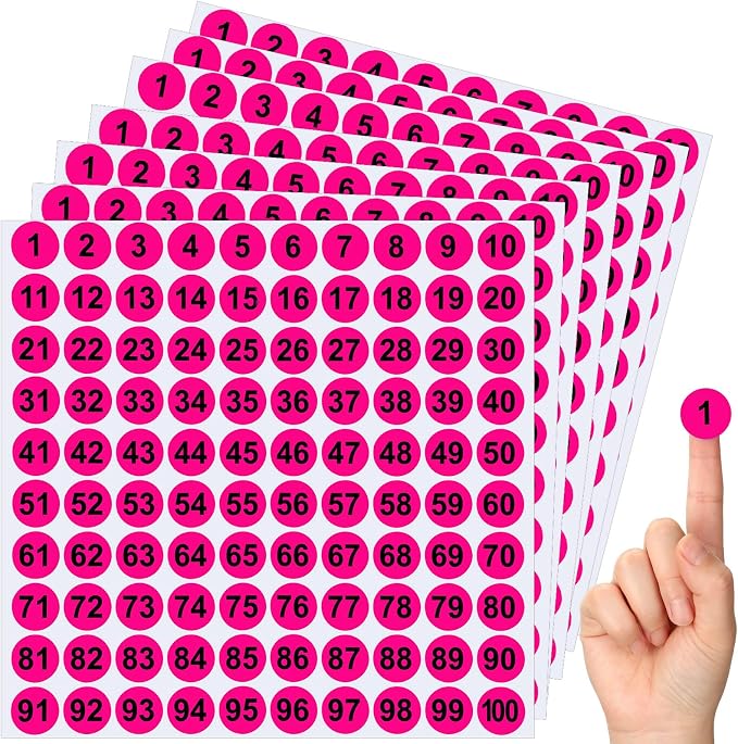 Clabby 700 Pcs Number Stickers 1-100 Consecutive 1 Inch Round,Rose Red | Self Adhesive Vinyl Labels for Inventory, Storage Bins, Office Filing, Warehouse Management, Color Coded Organization