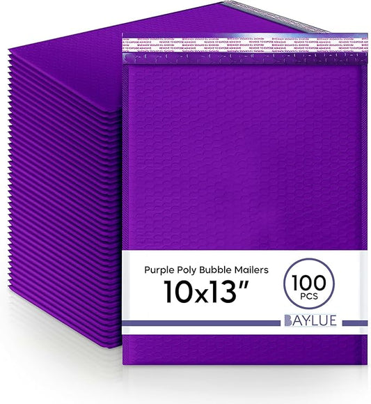 Purple 10x13 Inch Poly Bubble Mailers |Self Seal Padded Envelopes for Thick books | Air Cushioned Bubble Mailer | Usable Size 9.5x13 | Waterproof Lightweight Mailing Shipping Bags | 100 Pack Bulk