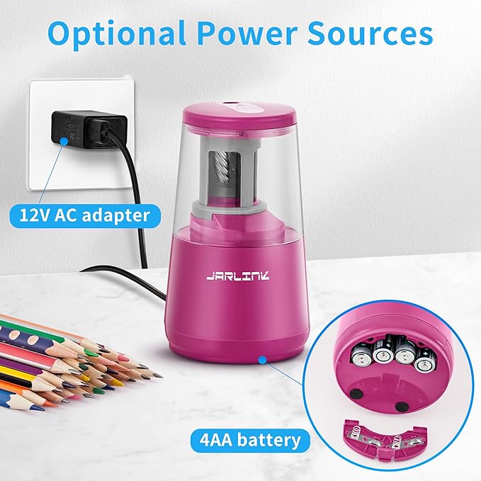 JARLINK Electric Pencil Sharpener, Heavy-Duty Helical Blade to Fast Sharpen, Auto Stop for No.2/Colored Pencils(6-8mm), AC Adapter/Battery Operated in School Classroom/Office/Home (Pink)