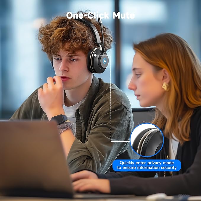 Wireless Headset with Microphone for Work, Bluetooth 5.3 Computer Headset for Laptop, 45 Hours Battery Life & Mute Button, Headset with Mic for PC, iPhone, Zoom, Skype, Office & Home