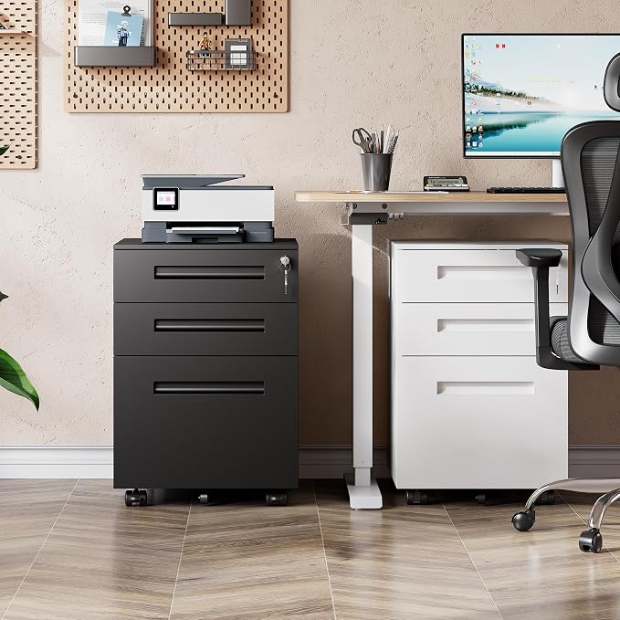 DEVAISE 3 Drawer Mobile File Cabinet, Fully Assembled Except Casters | Metal Filing Cabinet with Lock Under Desk for Home Office, Printer Stand fits A4/Letter/Legal Size, Black