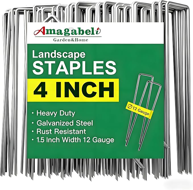 AMAGABELI GARDEN & HOME 4 Inch 200 Pack Galvanized Landscape Staples 12 Gauge Anti-Rust Heavy Duty Garden Staples Plant Cover Stakes U-Shaped Sod Pins Ground Fence Stakes for Weed Barrier Fabric
