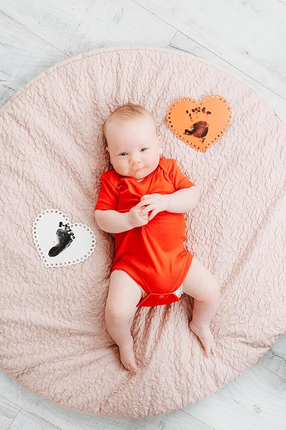 Pearhead Valentine's Day Baby Clean-Touch Ink Pad Set, No Mess Handprint and Footprint Maker, Baby's First Valentine, 2 Heart Print Cards