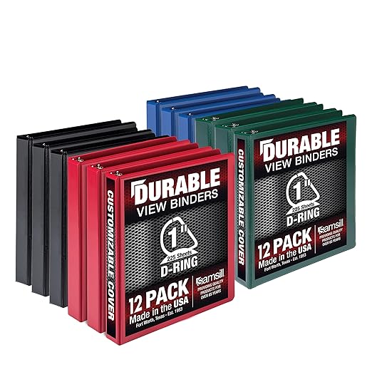 Samsill Durable 1 inch 3 Ring Binder, D Ring Binder, Customizable Clear View Cover, Basic Assortment, 12 Pack