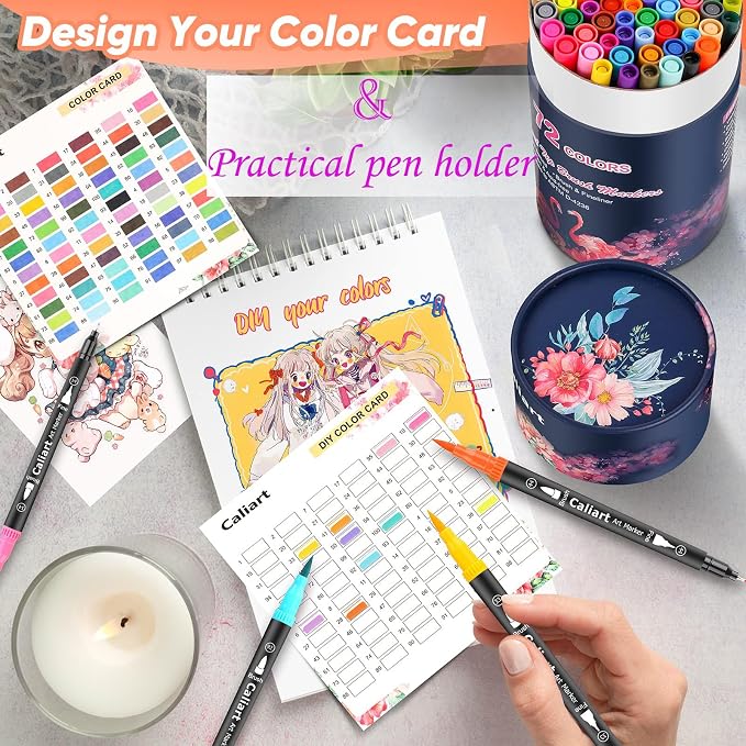 Caliart 72 Colors Double Tip Brush Pen Art Markers for Adult Coloring Books | Artist Fine & Brush Coloring Markers for Journaling Calligraphy Lettering Planners Drawing Teacher Office Art Supplies