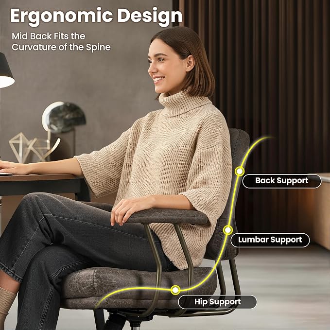ovios Home Office Chair with Thick Cushion, Mid-Century Modern Faux Leather Ergonomic Chairs, Mid Back Swivel Rolling Computer Executive Armchair (Dark Grey, Suede Leather)