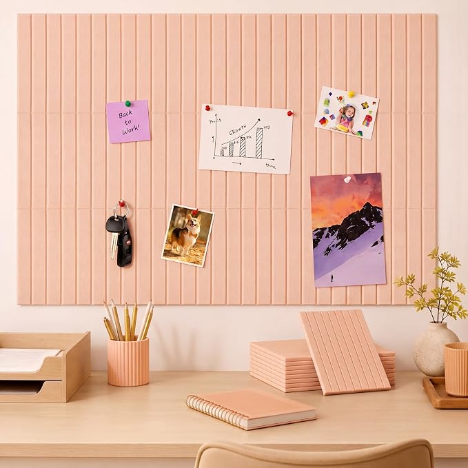 Honoson 12 Pack 48"x 36" Large Cork Board Alternative Felt Bulletin Board Wall Tiles with Safe Square Adhesive Roll Cork Tiles for Walls Home Office Classroom Back to School Pin Panels(Peach)