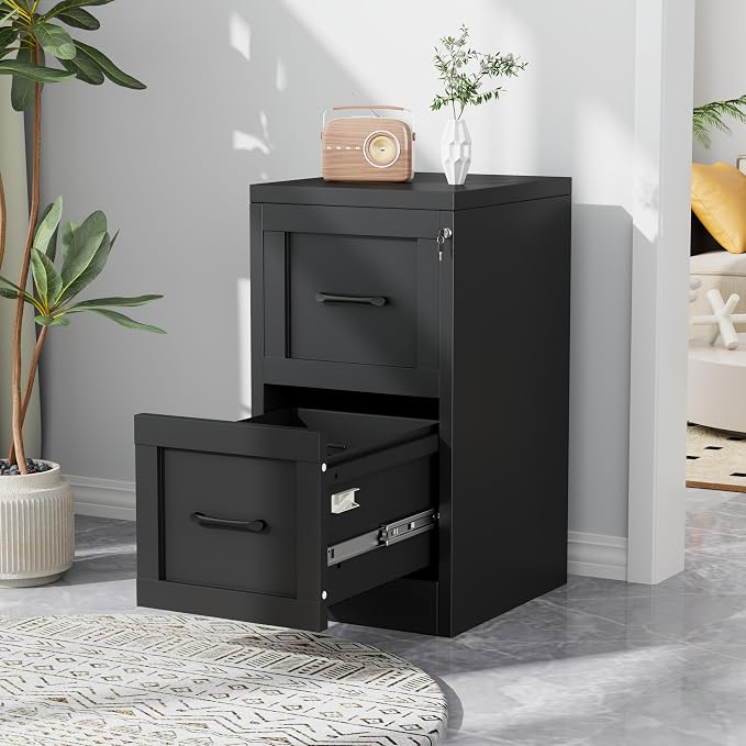 2-Drawer Metal File Cabinet with Lock, Narrow Vertical, Black | Metal vertical filing cabinet with adjustable rails for Letter, Legal and A4 folders; one lock secures both drawers
