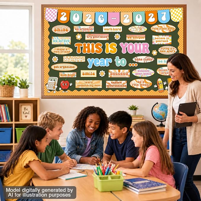 This is Your Year to Bulletin Board Set Hippie Motivational Classroom Decorations Welcome Back to School Paper Cutouts Hippie Inspirational Bulletin Board Border for Office Chalkboard Wall Door Decor