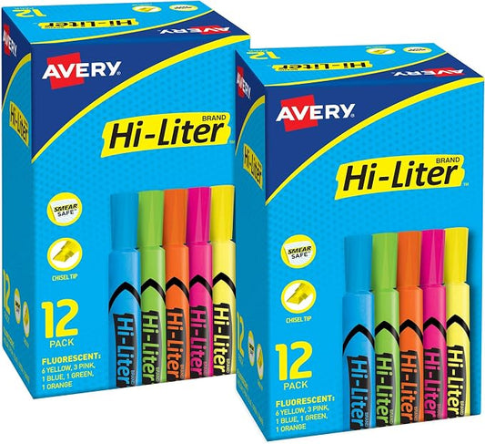 Avery Hi-Liter Desk-Style Highlighters, Chisel Tip, 12 Highlighters, Assorted Colors, 2 Packs (25601)