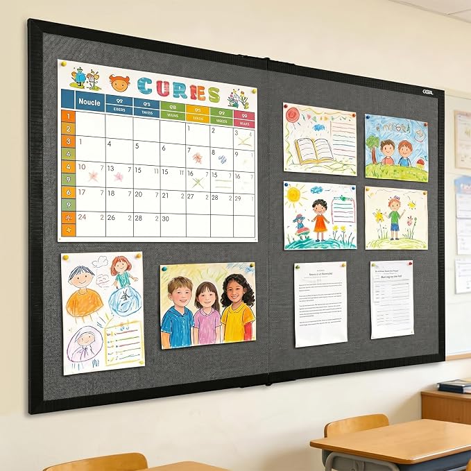 Gideal Large Bulletin Board 60 x 48, Cork Boards for Walls | Foldable Cork Board with Black Pine Frame & Grey Linen, Wall Mounted Pin Display for Home, Office & Classroom