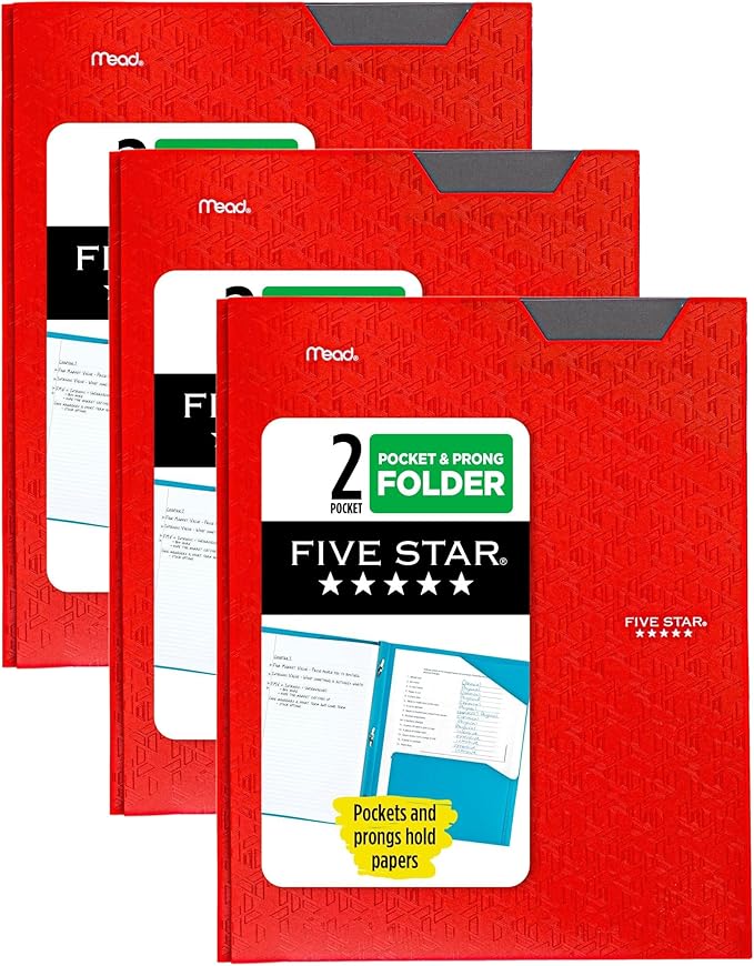 Five Star 2 Pocket Folder, Stay-Put Folder, Plastic Colored Folders with Pockets & Prong Fasteners for 3-Ring Binders, 8-1/2” x 11", Fire Red (72109) (Pack of 3)