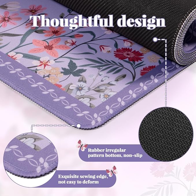 iCasso Large Desk Mat for Keyboard and Mouse,Cute Desk Pad,Purple | Anti-Slip Floral Computer Mat for Women, Girly Gaming Mouse Pad for Home Office