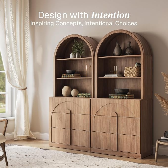 BELLEZE Arched Bookshelf with 3 Drawers Set of 2, 71" Tall Modern Wood Display Cabinet with Hutch, Modern Book Case Shelf with Storage Versatile Cupboard for Living Room Office, Camel