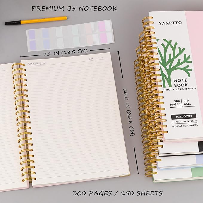 Hardcover Spiral Notebook, B5 Notebooks College Ruled, 110 GSM Thick Lined Paper Notebooks for Work, School and Travel, 300 Pages Journals for Writing, Large Journal for Women and Men Blue B5
