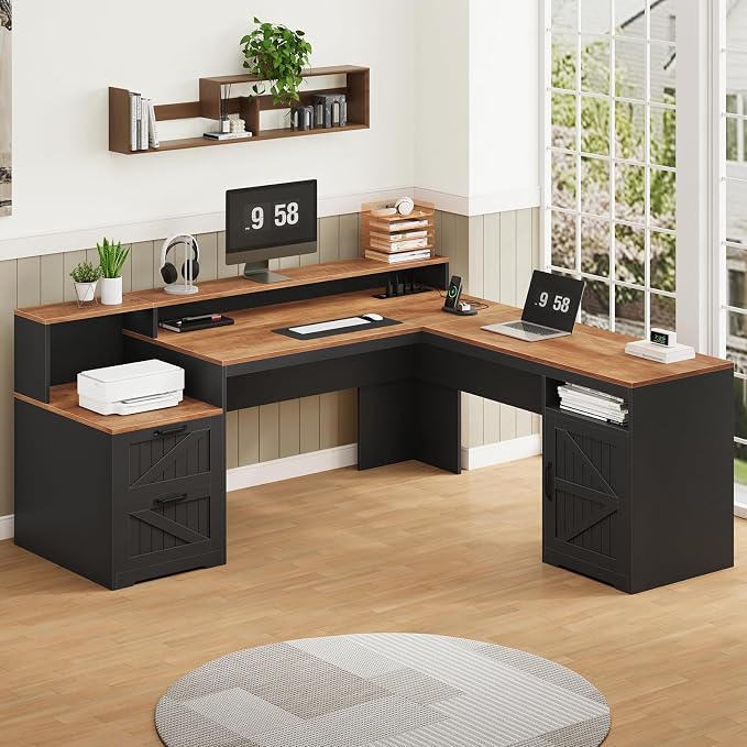63" Farmhouse L Shaped Desk with Drawers & Printer Shelf for Home Office | Corner Computer Desk with Storage, Power Outlets, L Shaped Office Desk with Monitor Stand, Printer Shelf, Brown & Black