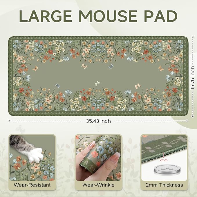 iCasso Desk Mat for Keyboard and Mouse,Cute Desk Pad,Sage Green | Large Non-Slip Keyboard Mat with Stitched Edges,Floral Mousepad for Women,Girly Computer Mat for Home Office