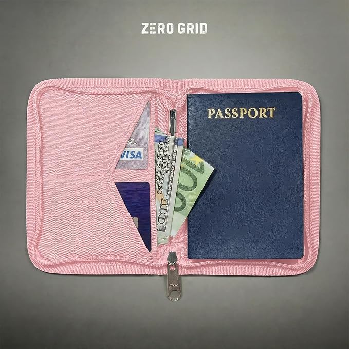 Zero Grid RFID Passport Holder & Travel Wallet, Zippered Wallet for Men & Women, Fits Passport, Cards, Cash, Tickets, ID, Sim Card, AirTag; Premium & Compact Travel Document Holder - Rose Pink