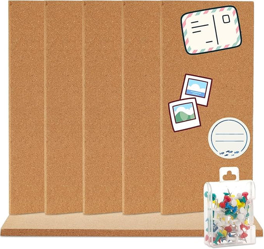 Lyellfe 6 Pack Cork Bulletin Board, 17"x8"-1/2" Thick Self-Adhesive Cork Boards, Frameless Cork Tiles with 50 Push Pins for DIY, Office, School and Home Decor