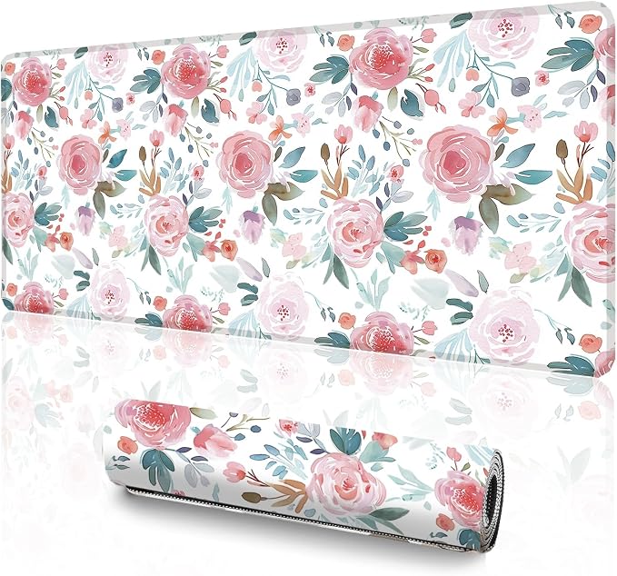 Pink Floral Mouse Pad (31.5 x 11.8 Inch), Large Watercolor Rose Desk Mat, Cute Botanical Pattern with Teal Leaves, Non-Slip Laptop Base, Spring Office Decor