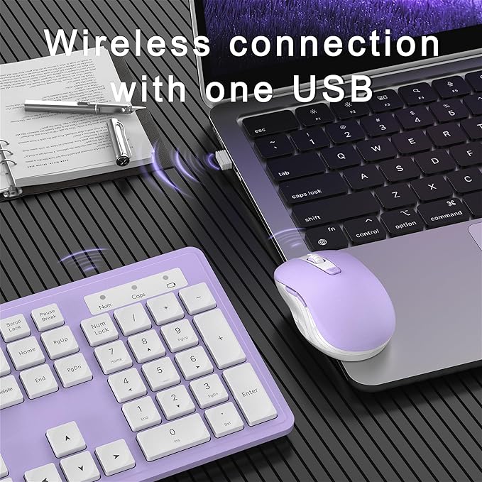 Wireless Keyboard and Mouse Combo, Full-Size 104-Key Office Keyboard with 15 Function Keys, Numeric Keypad, Single USB Receiver, Compatible with PC and Laptop(Purple White)