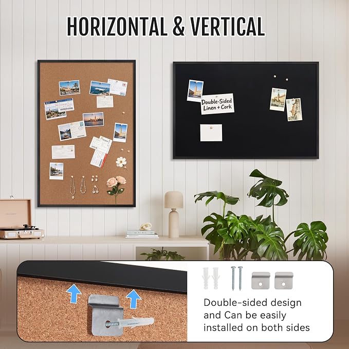 SELEAD Double-Sided Linen and Cork Bulletin Board (36"x24", Black) | 2-in-1 Fabric Linen & Cork Pinboard, White Wood Frame Wall Decor Photo Display Vision Board for Home Family, Office, Business