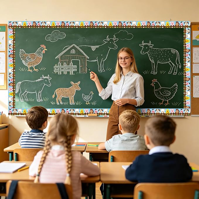 BeYumi Farm Animals Border Trim - 65ft Back to School Farm Animals Straight Rolled Border Trim Cute Cartoon Animal Bulletin Board Set School Classroom Office Farmhouse Chalkboard Party Holiday Decor