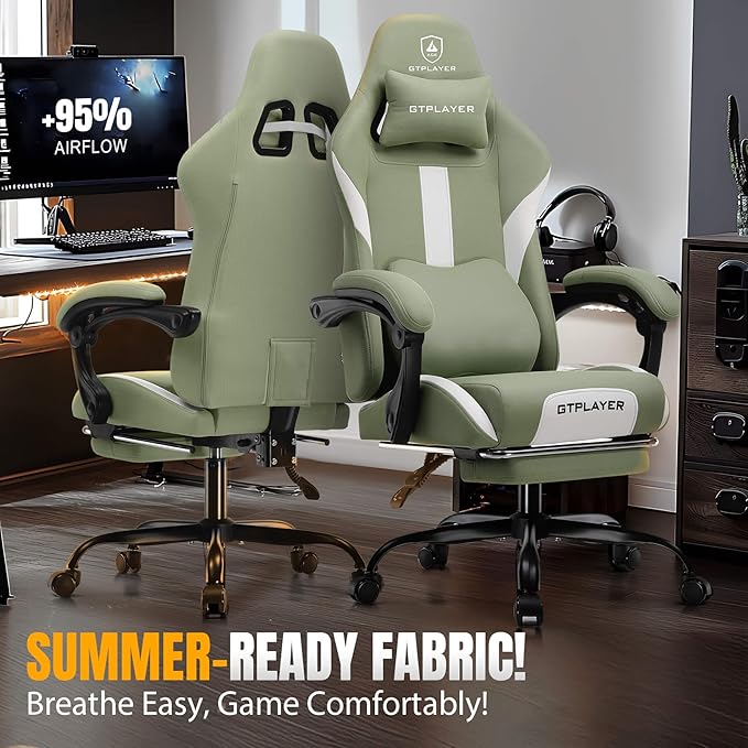 GTPLAYER Gaming Chair with Foot Rest & Pocket Spring Cushion, Breathable Fabric for Home Office Desk, Ergonomic High Back Computer Chair with Headrest & Lumbar Support, Green