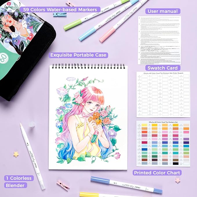 Ohuhu Adult Coloring Book Markers Paper-friendly Water-Based 60 Colors-Pupe | Coloring Markers No Peeling Dual Brush Fine Tips Ohuhu Markers No Bleeding Drawing Pens for Kids Adults Beginner Calligraphy