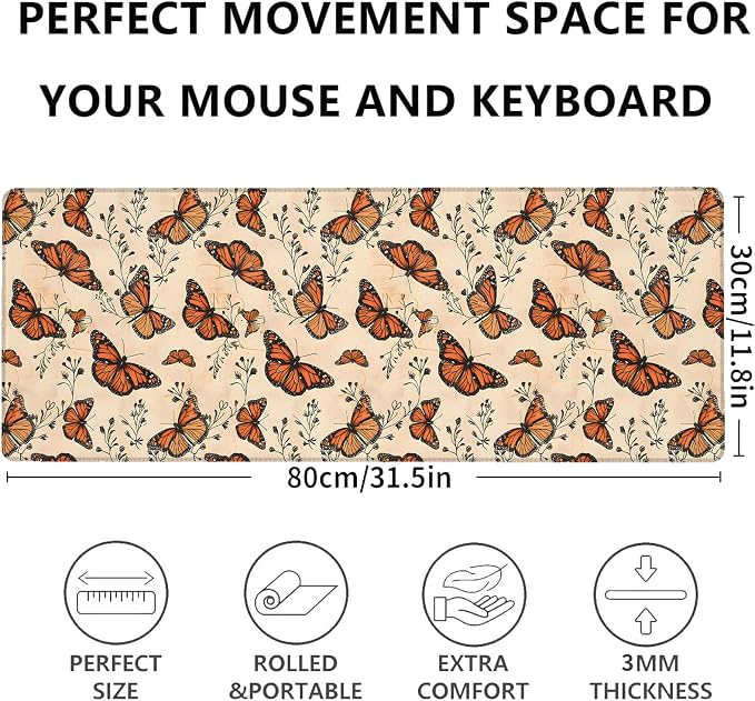 Monarch Butterfly Beige Extended Mouse Pad 31.5x11.8in, Botanical Floral Large Desk Mat with Non-Slip Rubber Base, Big Mousepad for Laptop Computer PC, Gaming Office Home Decor, Deskmat Gifts