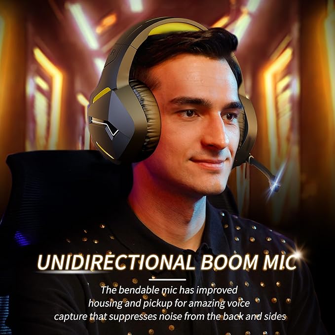 BINNUNE 2.4GHz Wireless Gaming Headset, Bluetooth 5.3 Gaming Headphones with Noise Canceling Mic, 120H Ultra-Long Battery, 50mm Drivers, Multi-Platform for PC / PS5 /PS4/ Switch/Mobile, Yellow