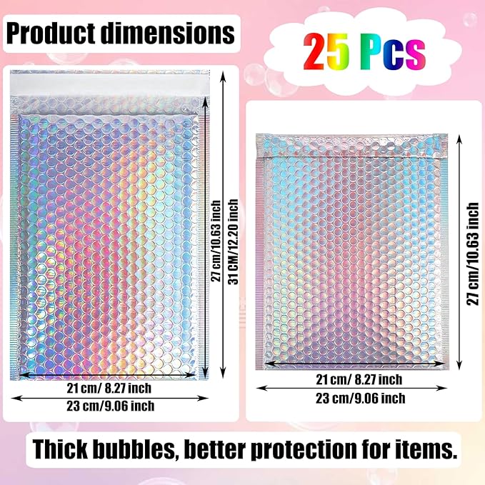 25 PCS Holographic Bubble Mailers,8.5x12 Inch Poly Padded Envelopes,Metallic Bubble Mailers,Waterproof Shipping Bags,Self Sealing Cushion Envelopes for Mailing Packaging Small Business